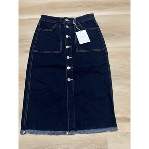 NWT KanCan Button Up Denim‎ Skirt Pick Frayed Hem Size Small Dark Wash Stretch